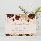 Gold Burgund Rose Quinceañera Save the Date Einladung (Stehend Vorderseite)