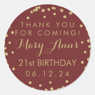 Gold Burgund Vielen Dank, 21. Geburtstag Confetti Runder Aufkleber