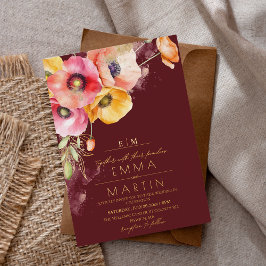Gold & Burgund Wasserfarben-Poppies Blumenhochzeit Folieneinladung