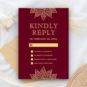Gold Burgunder Mehendi Henna Indische Hochzeit RSVP Karte