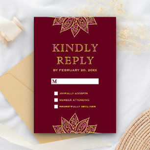 Gold Burgunder Mehendi Henna Indische Hochzeit RSVP Karte