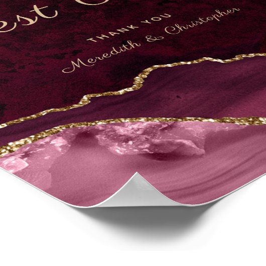 Gold Burgundy Agate Sign Gästebuch Wedding Poster (Ecke)