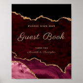 Gold Burgundy Agate Sign Gästebuch Wedding Poster (Vorne)
