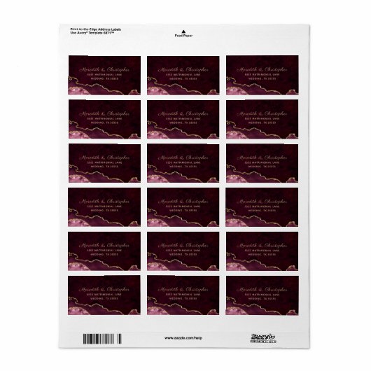 Gold Burgundy Agate Wedding Adressaufkleber (Vorne)