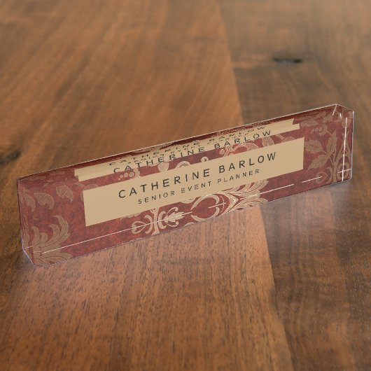 Gold Burgundy Antique Bloral Namensplakette (Seite)