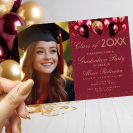 Gold Burgundy Balloons Graduation Party Photo Einladung