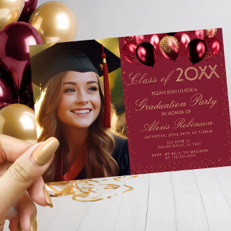 Gold Burgundy Balloons Graduation Party Photo Einladung