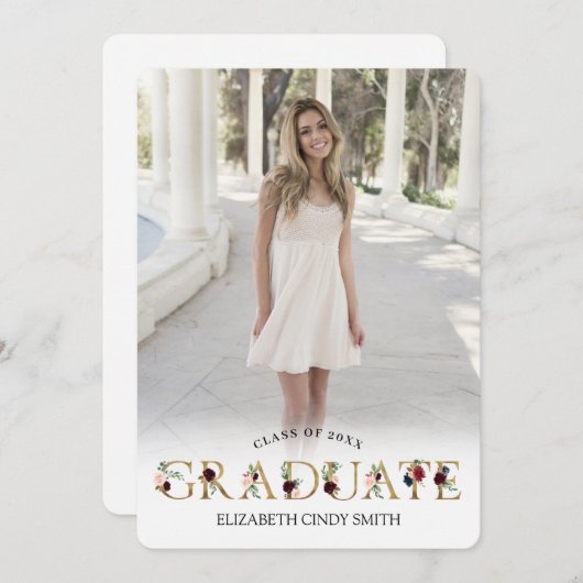 Gold Burgundy Blush Abschluss Foto Einladung (Vorne/Hinten)