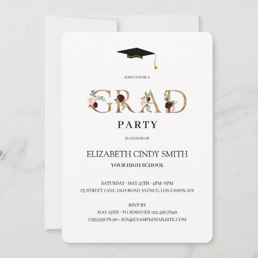 Gold Burgundy Blush Abschluss Foto Einladung (Rückseite)