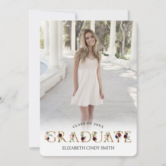 Gold Burgundy Blush Abschluss Foto Einladung (Vorderseite)