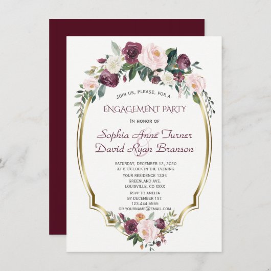 Gold Burgundy Blush Floral Engagement Party Einladung (Vorne/Hinten)
