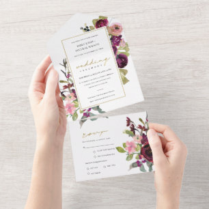 GOLD BURGUNDY BLUSH ROSE FLORAL WATERCOLOR WEDD ALL IN ONE EINLADUNG