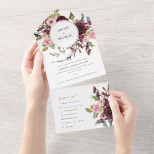 GOLD BURGUNDY BLUSH ROSE FLORAL WATERCOLOR WEDD ALL IN ONE EINLADUNG