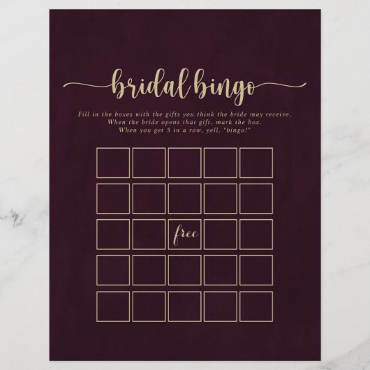 Gold Burgundy Calligraphy Bridal Bingo Game (Vorderseite)