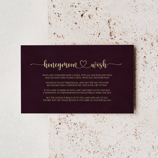 Gold Burgundy Calligraphy Honeymoon Wish Begleitkarte