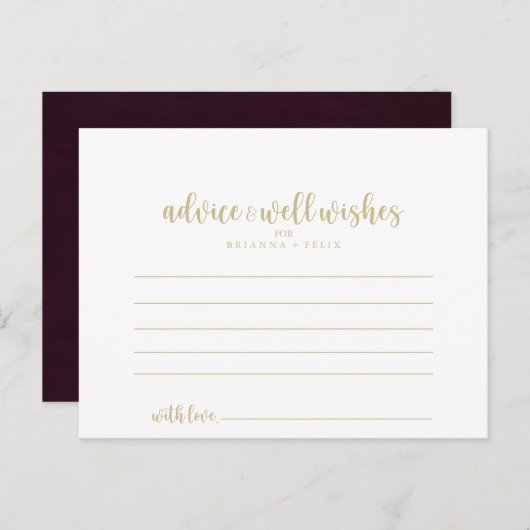 Gold Burgundy Calligraphy Wedding Advice Card Postkarte (Vorne/Hinten)