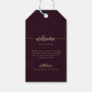 Gold Burgundy Calligraphy Wedding Willkommen Geschenkanhänger