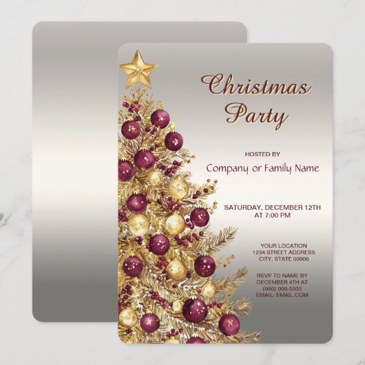 Gold Burgundy Christmas Tree Holiday Party Einladung (Vorne/Hinten)