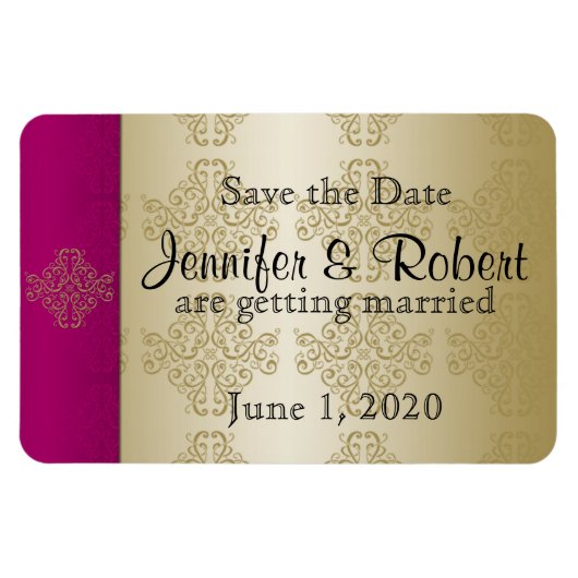 Gold Burgundy Damask Posh Wedding Save the Date Magnet (Horizontal)