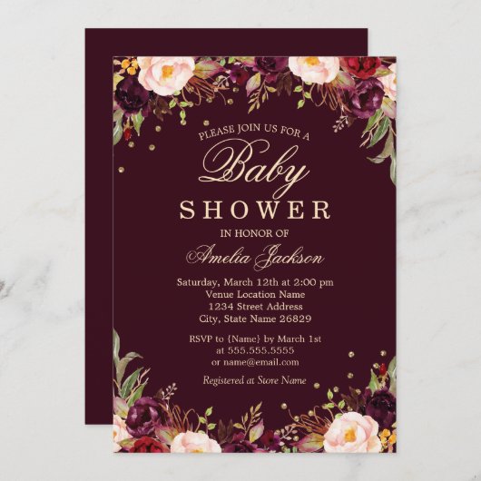 Gold Burgundy Elegant Floral Baby Shower Einladung (Vorne/Hinten)