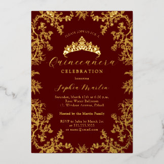 Gold Burgundy Elegante Vintag Quinceanera Folieneinladung