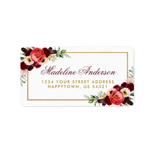 Gold Burgundy Floral Boho Wedding Address Adressaufkleber (Vorne)