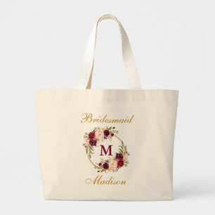 Gold Burgundy Floral Monogram Bridesmaid Jumbo Stoffbeutel