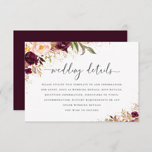 Gold Burgundy Floral Wedding Details Card RSVP Karte (Vorne/Hinten)