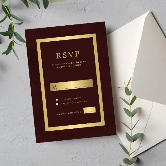 Gold burgundy formal wedding modern typography RSVP karte