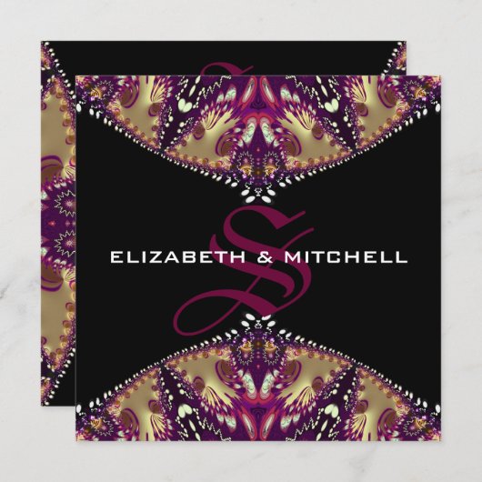 Gold Burgundy Fraktal Lace Monogram Wedding Einladung (Vorne/Hinten)