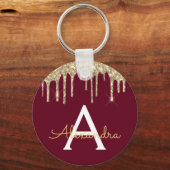 Gold Burgundy Girly Funkelnd Glitzer Monogram Schlüsselanhänger (Vorderseite)