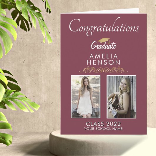 Gold Burgundy Graduate 2 Foto Abschluss Karte