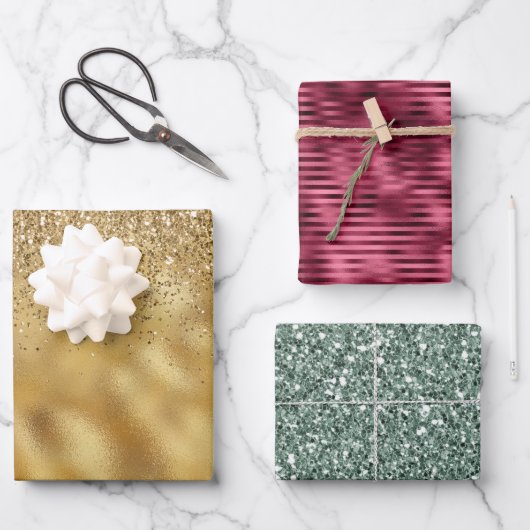 Gold Burgundy Green Glitzer Glam Geschenkpapier Set (Vorderseite)