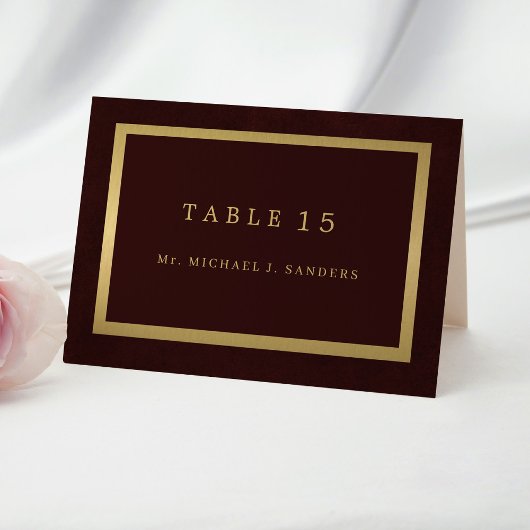 Gold burgundy guest name wedding place card  tischnummer