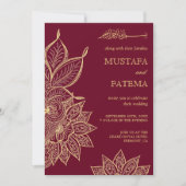 Gold Burgundy Mehendi Henna Islamische Hochzeit Einladung (Vorderseite)