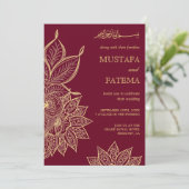 Gold Burgundy Mehendi Henna Islamische Hochzeit Einladung (Stehend Vorderseite)