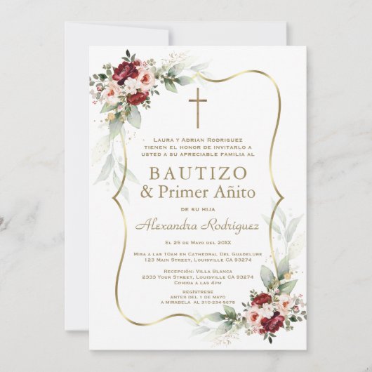 Gold Burgundy Peach Flowers 1st Birthday Baptism Einladung (Vorderseite)