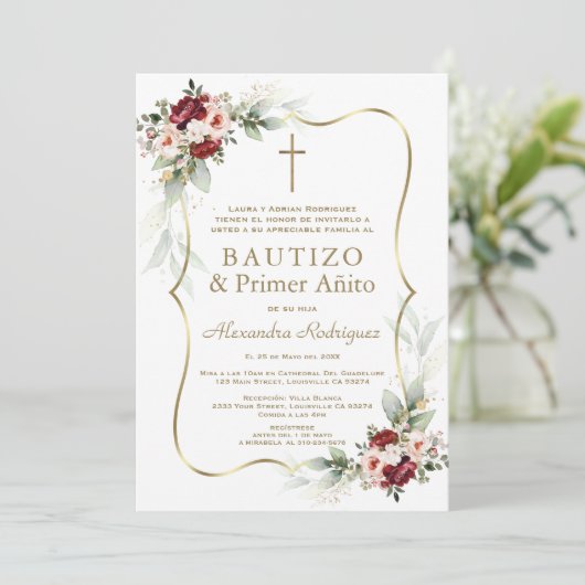 Gold Burgundy Peach Flowers 1st Birthday Baptism Einladung (Stehend Vorderseite)