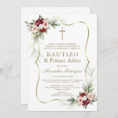 Gold Burgundy Peach Flowers 1st Birthday Baptism Einladung (Vorne/Hinten)