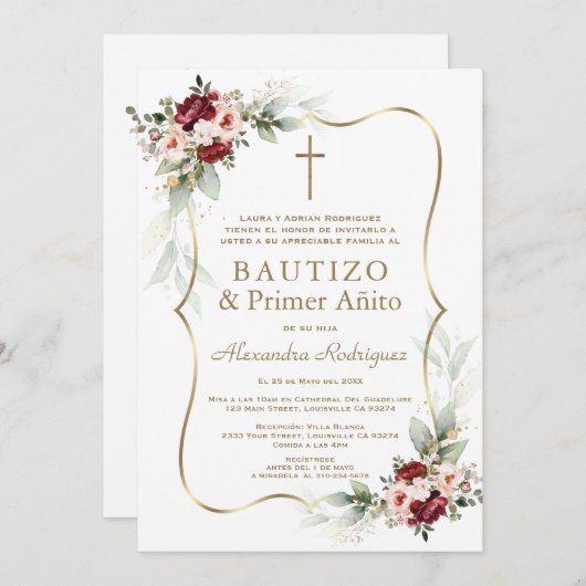 Gold Burgundy Peach Flowers 1st Birthday Baptism Einladung (Vorne/Hinten)