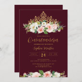 Gold Burgundy Pink Floral Tiara Quinceanera Einladung (Vorne/Hinten)