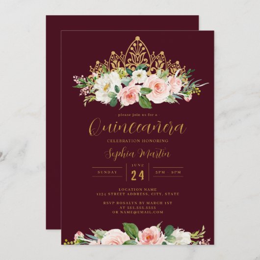 Gold Burgundy Pink Floral Tiara Quinceanera Einladung (Vorne/Hinten)