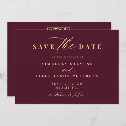 Gold burgundy QR code simple elegant wedding Save The Date (Vorne/Hinten)