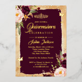 Gold Burgundy Quinceanera Floral Sparkle Tiara Folieneinladung (Vorderseite)
