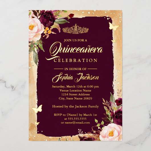 Gold Burgundy Quinceanera Floral Sparkle Tiara Folieneinladung (Vorderseite)