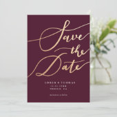 Gold Burgundy Script Typografie Save the Date (Stehend Vorderseite)