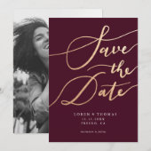 Gold Burgundy Script Typografie Save the Date (Vorne/Hinten)