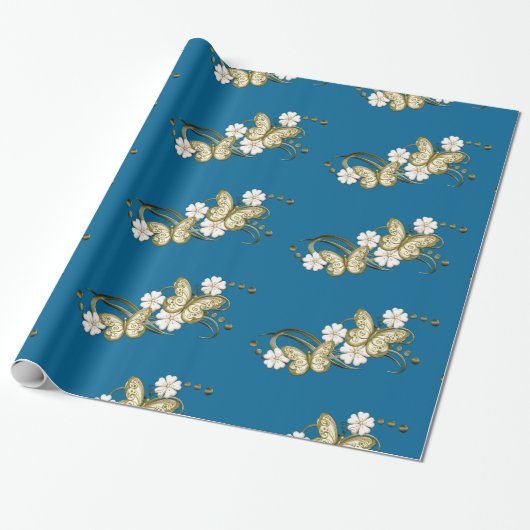 Gold Butterfels Blumenmuster Papier Geschenkpapier (Ungerollt)