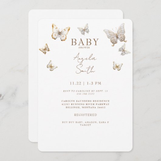 Gold Butterflies Baby Girl Dusche Einladung (Vorne/Hinten)