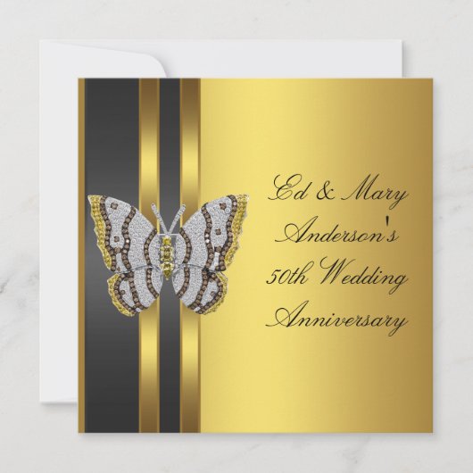 Gold Butterfly 50. Hochzeitsszenario-Party Einladung (Vorderseite)